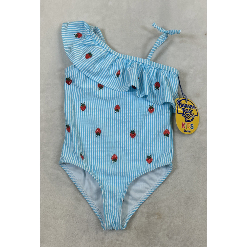 NEW Banana Boat Kids 1-Piece Blue & White Seersucker Strawberries Bathing Suit